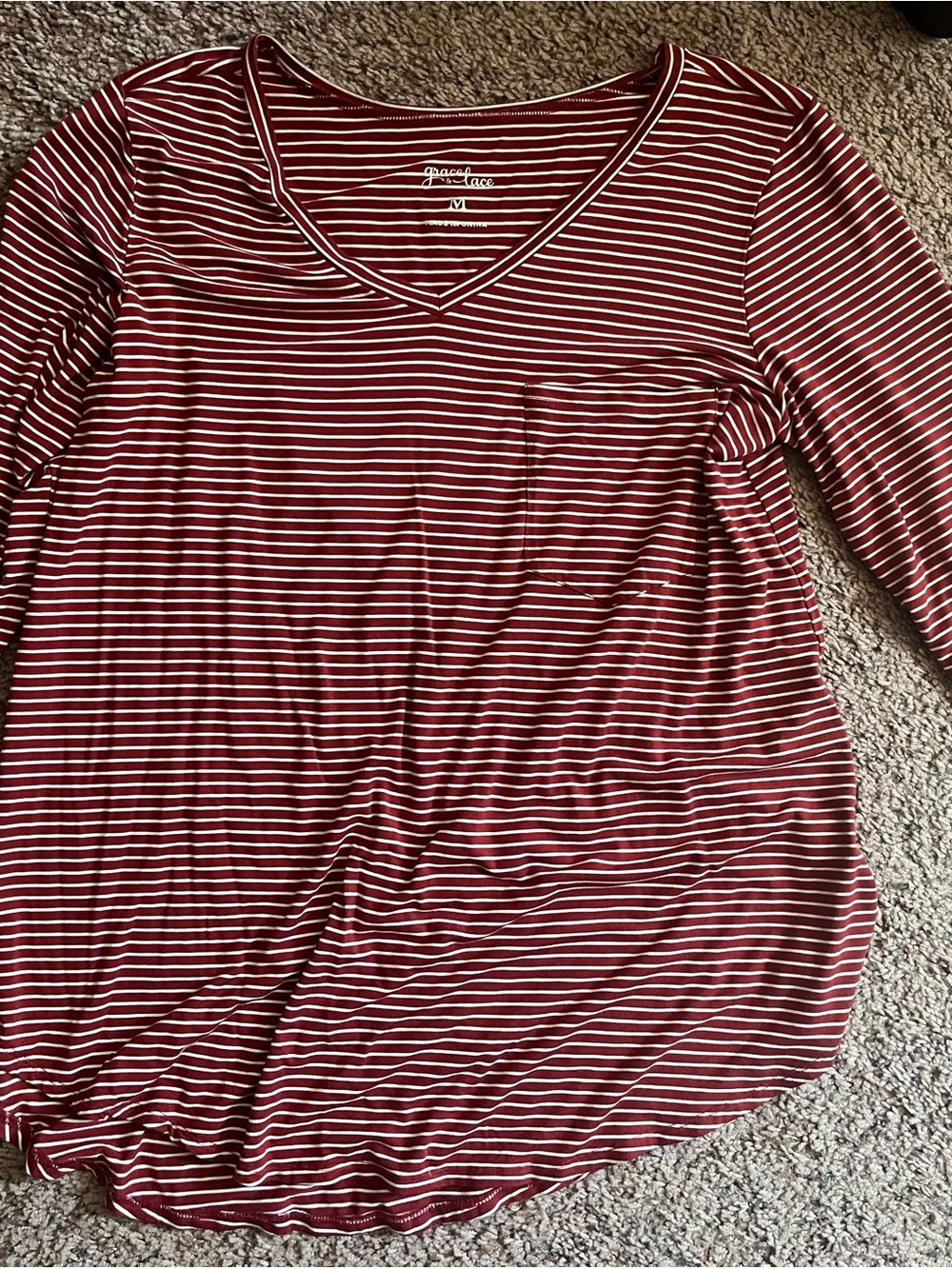 Grace & Lace Burgundy and White Striped V-Neck Long Sleeve Top
